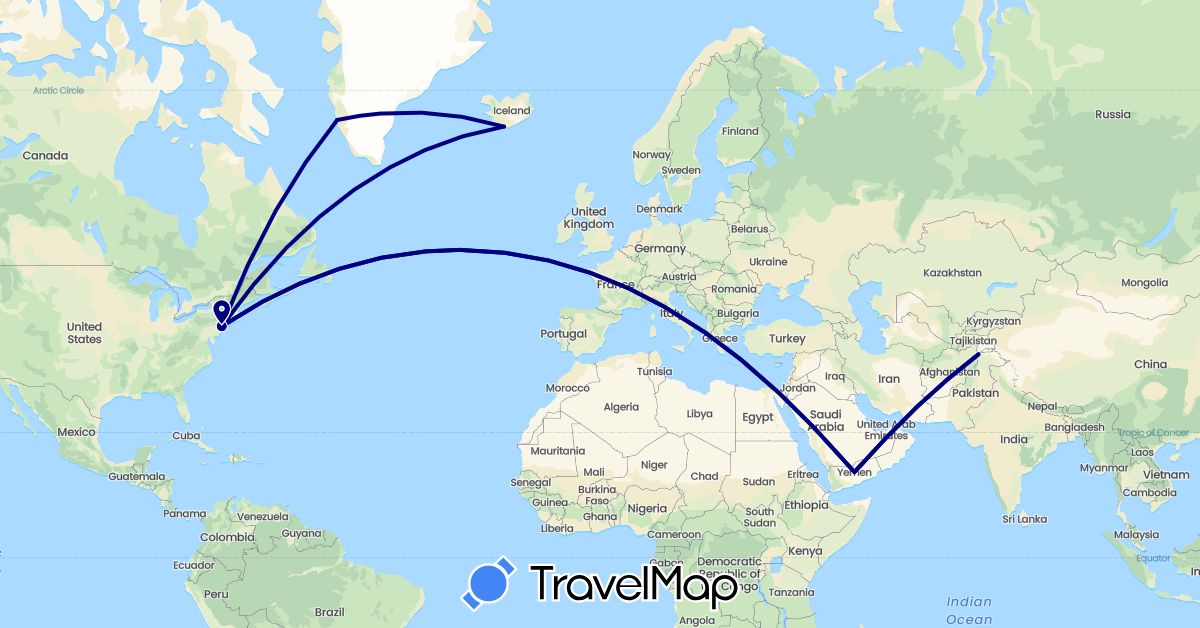 TravelMap itinerary: driving in Afghanistan, Greenland, Iceland, United States, Yemen (Asia, Europe, North America)
